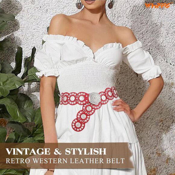 Women Vintage Disc Waist Concho Leather Belt Boho Waist Belt Red Silver Buckle - Picture 6 of 7